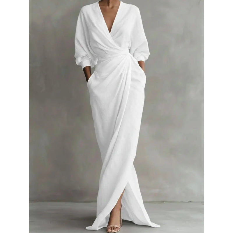 Damen Drapiertes Wickel-Maxikleid mit tiefem V-Ausschnitt, Taillen-Twist und Eingrifftaschen Drune