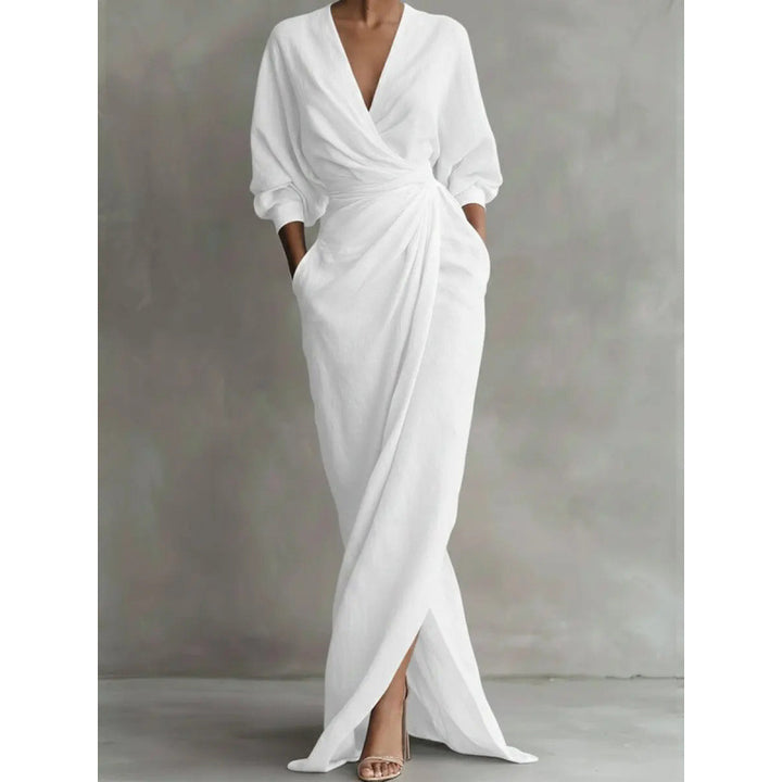 Damen Drapiertes Wickel-Maxikleid mit tiefem V-Ausschnitt, Taillen-Twist und Eingrifftaschen Drune