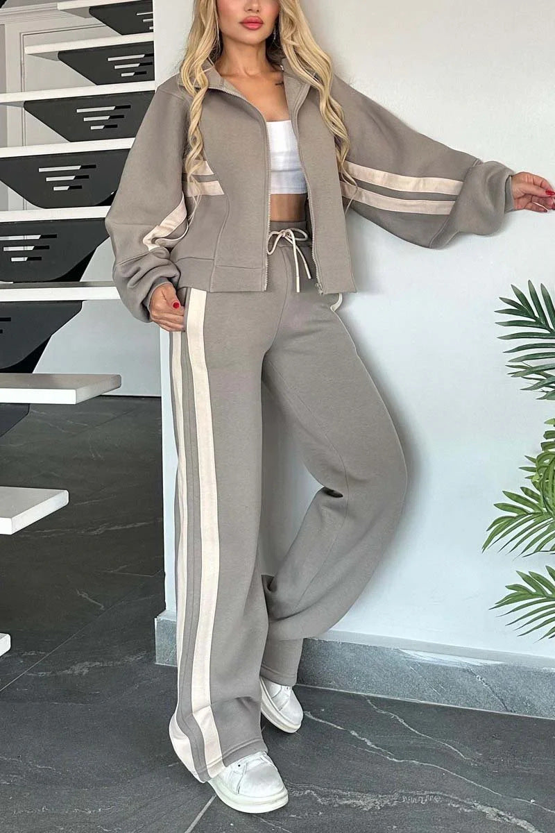 Drune | Gestreifte Zip up Cropped Sweatshirtjacke und Sporthose Zwei Teile Satz