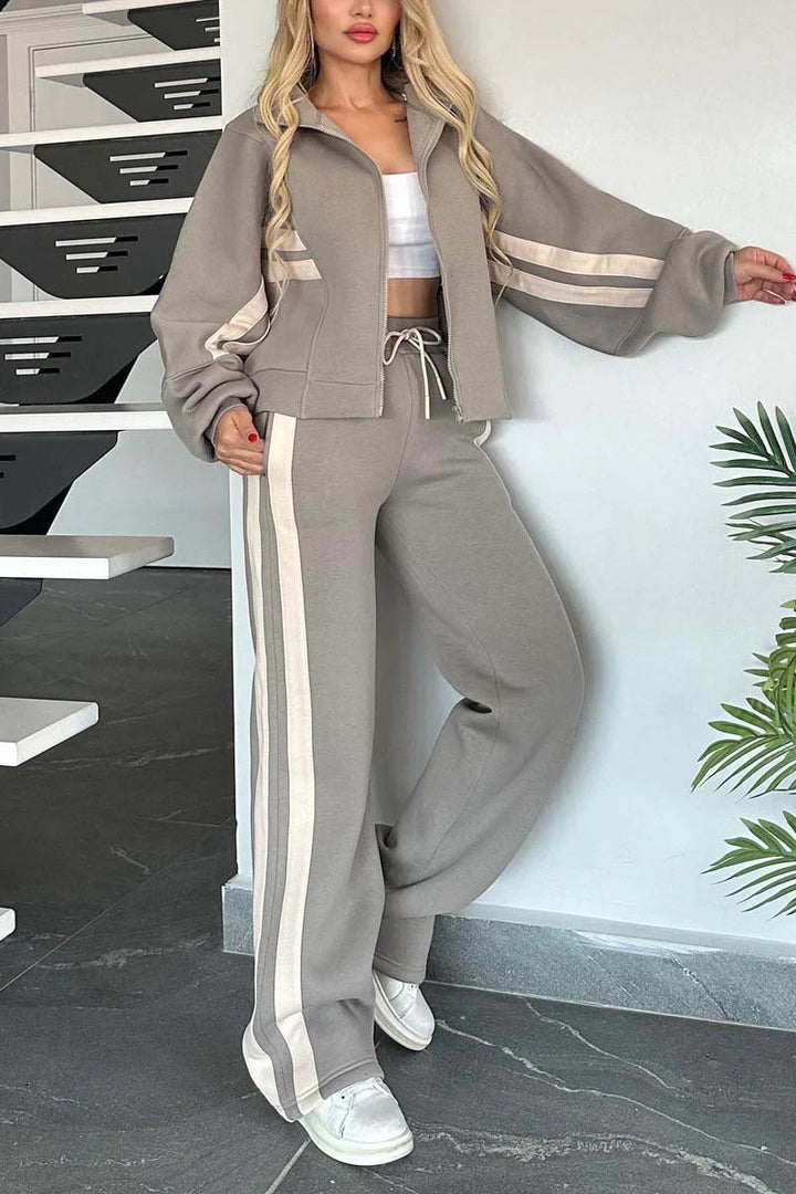 Drune | Gestreifte Zip up Cropped Sweatshirtjacke und Sporthose Zwei Teile Satz