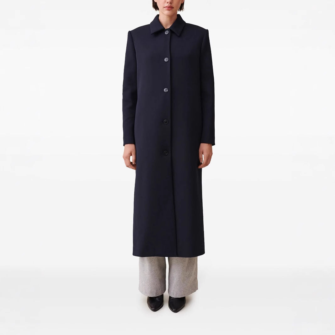Damen langer minimalistischer Mantel mit geradem Schnitt und Hemdkragen Drune