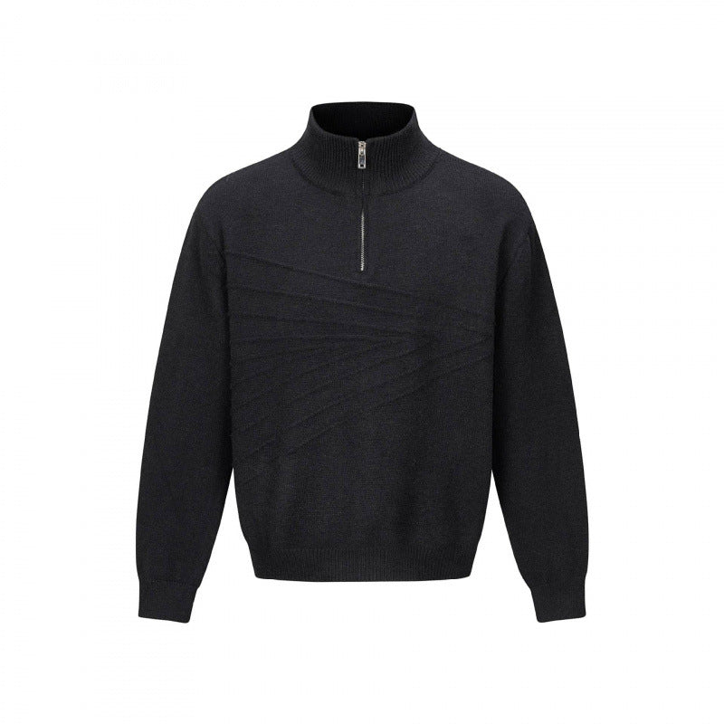 Unisex Feinstrick-Halbzipp-Pullover mit Stehkragen und diagonaler Struktur Drune