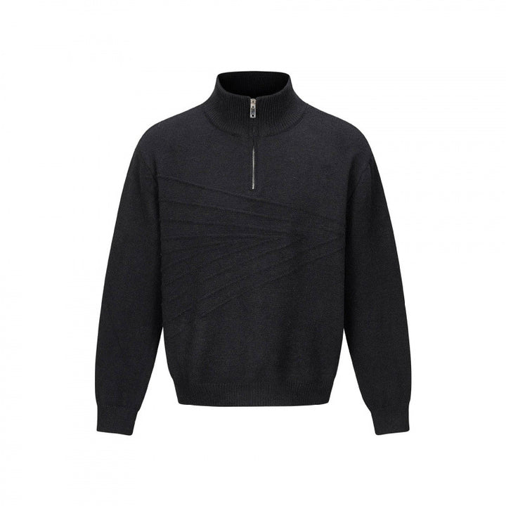 Unisex Feinstrick-Halbzipp-Pullover mit Stehkragen und diagonaler Struktur Drune