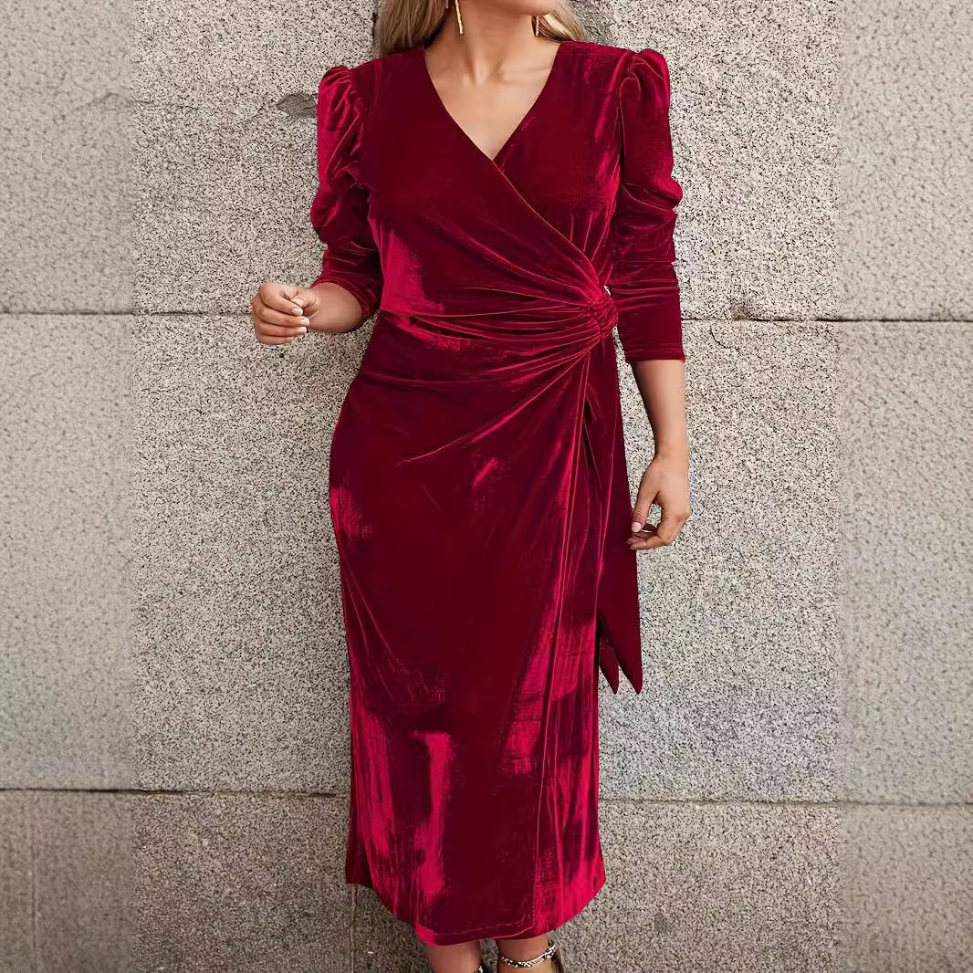 Damen Wickel-Midikleid aus Samt mit Puffärmeln und geraffter Taillenpartie Drune