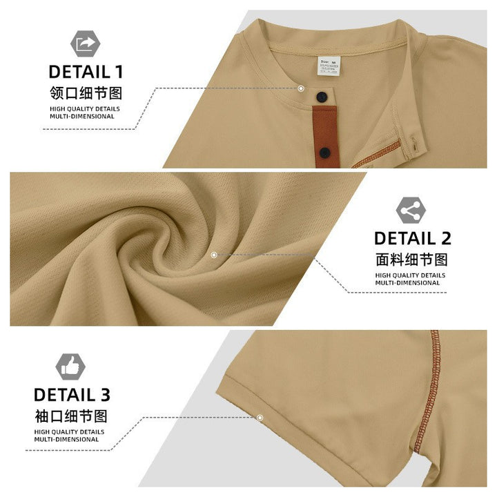 Herren nan kurzärmeliges Henley-Shirt mit Stehkragen, Brusttasche und kontrastierenden Ziernähten Drune