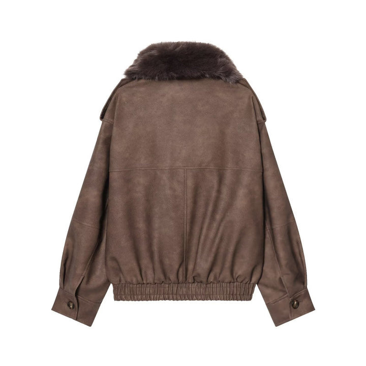 Damen Kurze Bomberjacke im Veloursleder‑Look mit voluminösem Fellkragen, Pattentaschen und elastischem Saum Drune