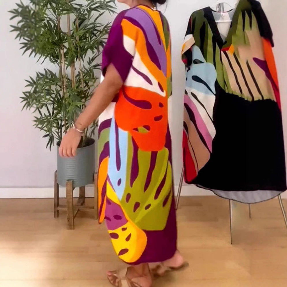 Damen lockeres Wickelkleid mit modernen Farbblockmustern und übergroßen Ärmeln Drune