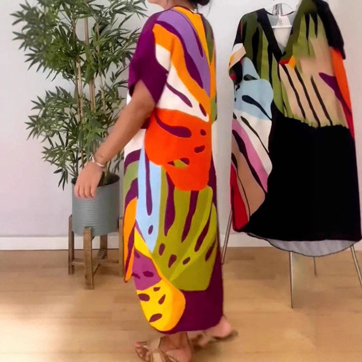 Damen lockeres Wickelkleid mit modernen Farbblockmustern und übergroßen Ärmeln Drune