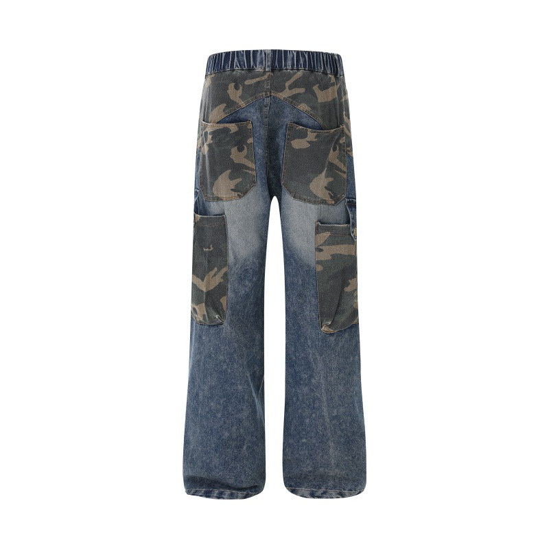 Damen Weite High‑Waist Denim‑Cargohose mit Camouflage‑Einsätzen Drune
