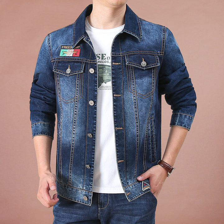 Herren Jeansjacke im Vintage-Look mit Patches und bedrucktem Innenfutter Drune