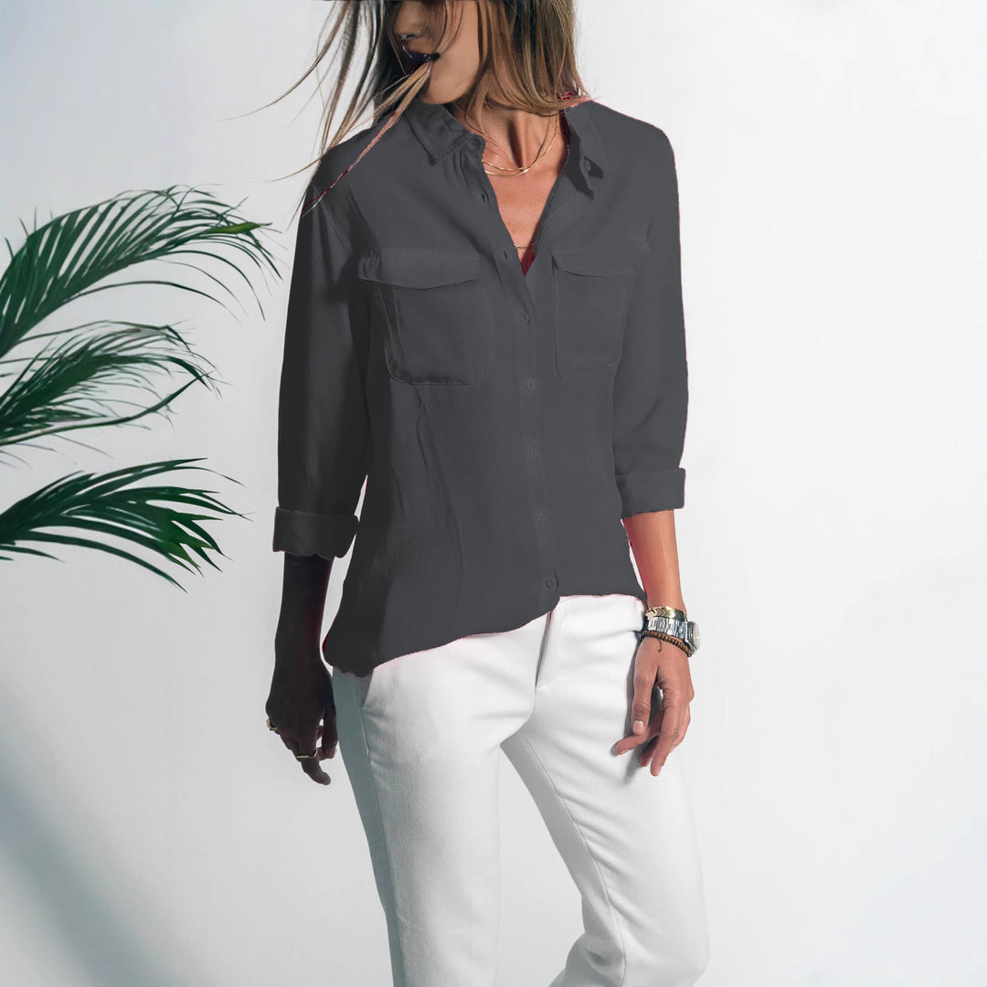 Damen Leichtes Hemd Bluse mit Brusttaschen und Lockerer Passform Drune