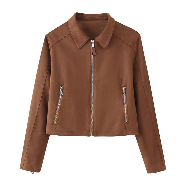 Damen nan cropped Wildlederoptik Jacke mit Hemdkragen durchgehendem Metallreißverschluss und seitlichen Reißverschlusstaschen Drune