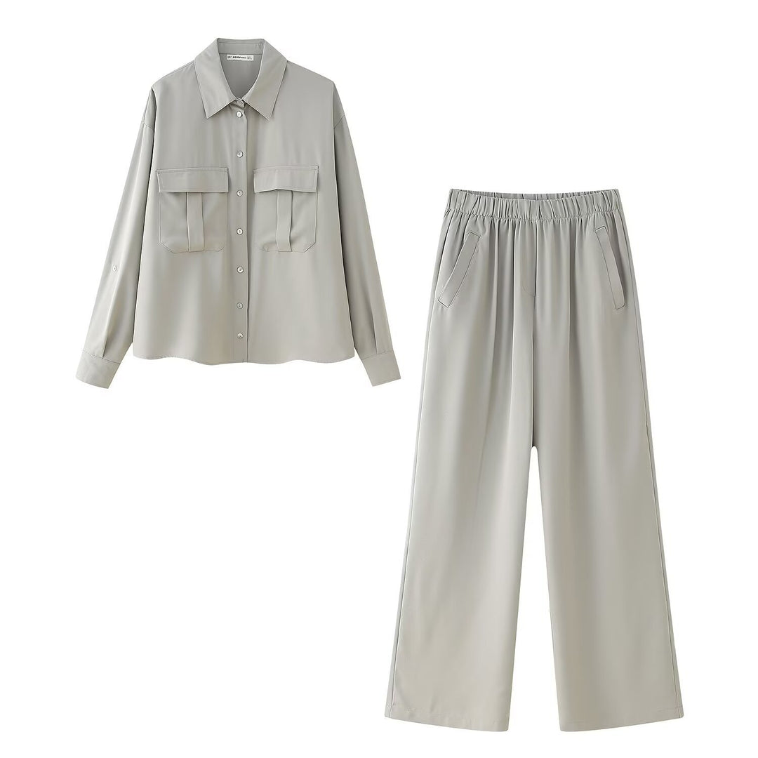 Damen Zweiteiliges Ensemble mit Oversized-Hemd, Pattentaschen und weiter Gummibundhose Drune