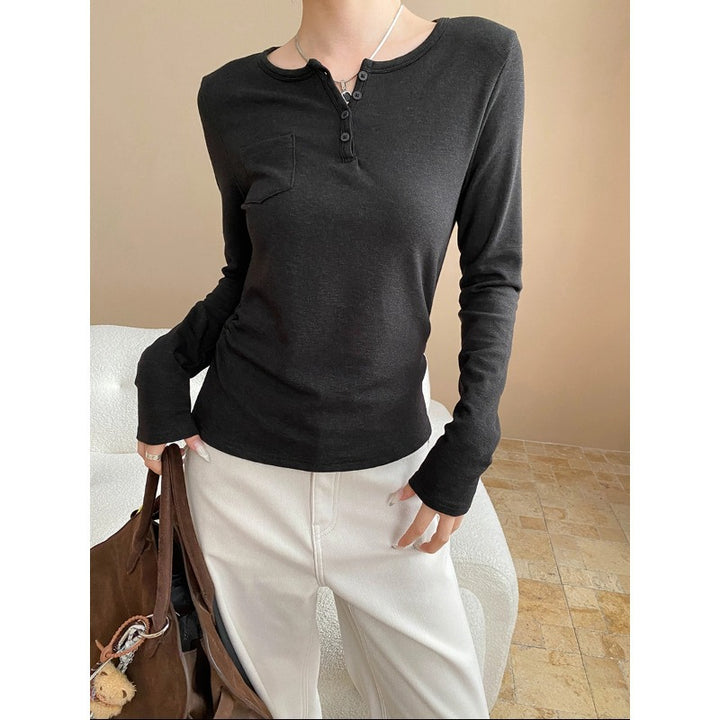 Damen Langarm-Henley-Shirt mit praktischen Knopfdetails und Brusttasche Drune