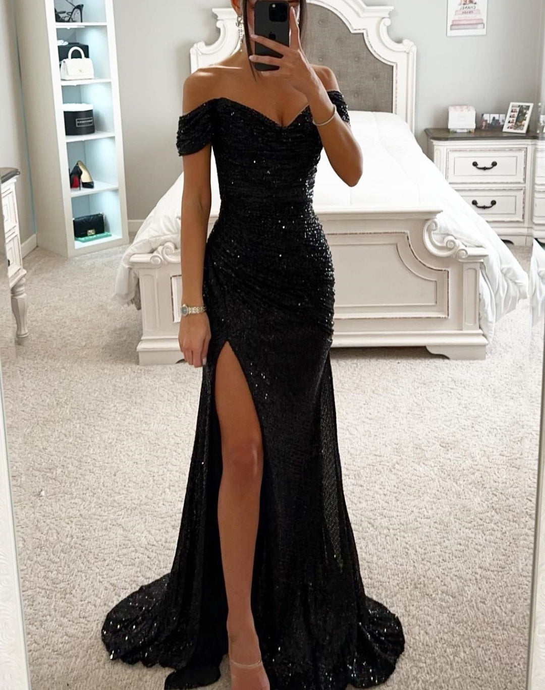 Damen Glamouröses Abendkleid mit schulterfreiem Schnitt und schimmerndem Stoff Drune