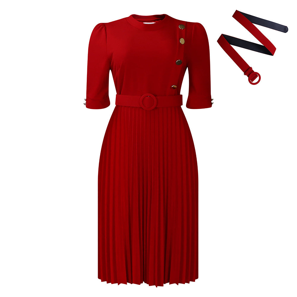 Damen Plissee Kleid mit taillierter Silhouette und modischen Knopfdetails Drune
