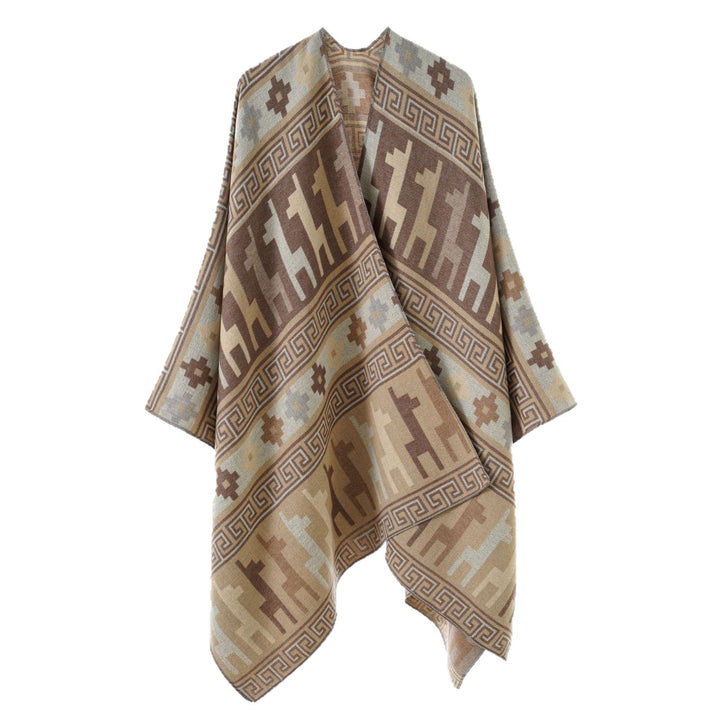 Damen Cape-Überwurf aus Jacquard-Strick mit Tier- und Ethno-Motiv Drune
