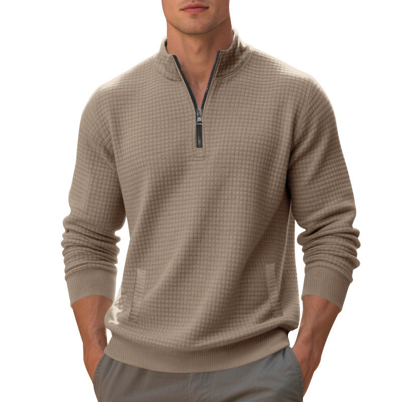 Herren Waffelstrick-Halbzip-Pullover mit Stehkragen, Kängurutasche & gerippten Abschlüssen Drune