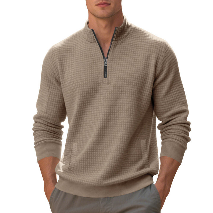Herren Waffelstrick-Halbzip-Pullover mit Stehkragen, Kängurutasche & gerippten Abschlüssen Drune