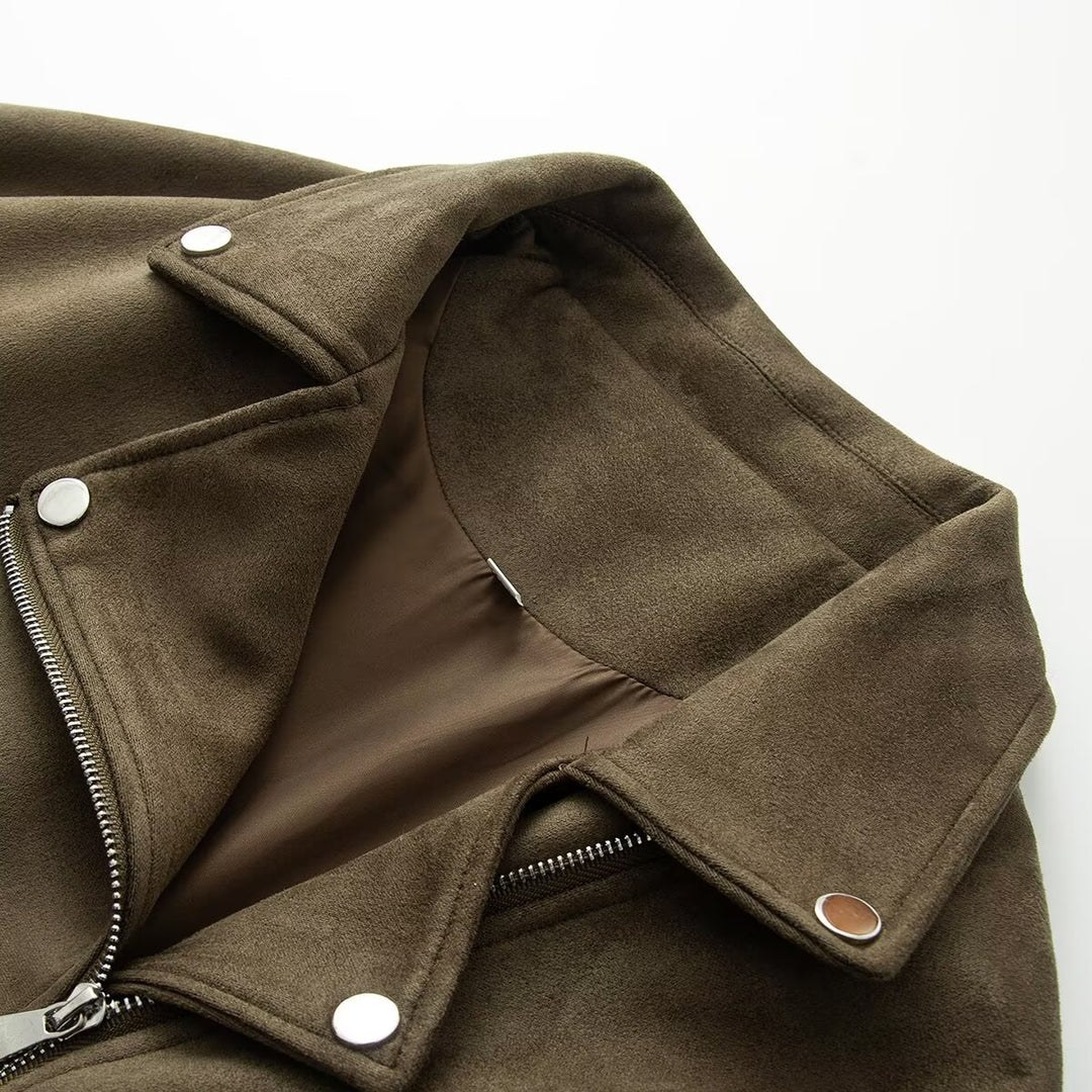 Damen Asymmetrische Veloursleder‑Optik Bikerjacke mit Stehkragen und Zippern Drune