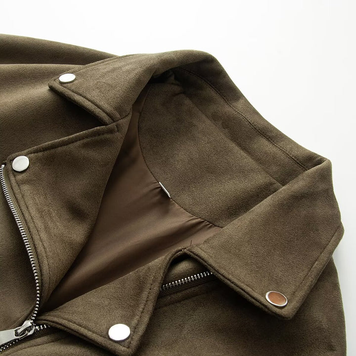 Damen Asymmetrische Veloursleder‑Optik Bikerjacke mit Stehkragen und Zippern Drune
