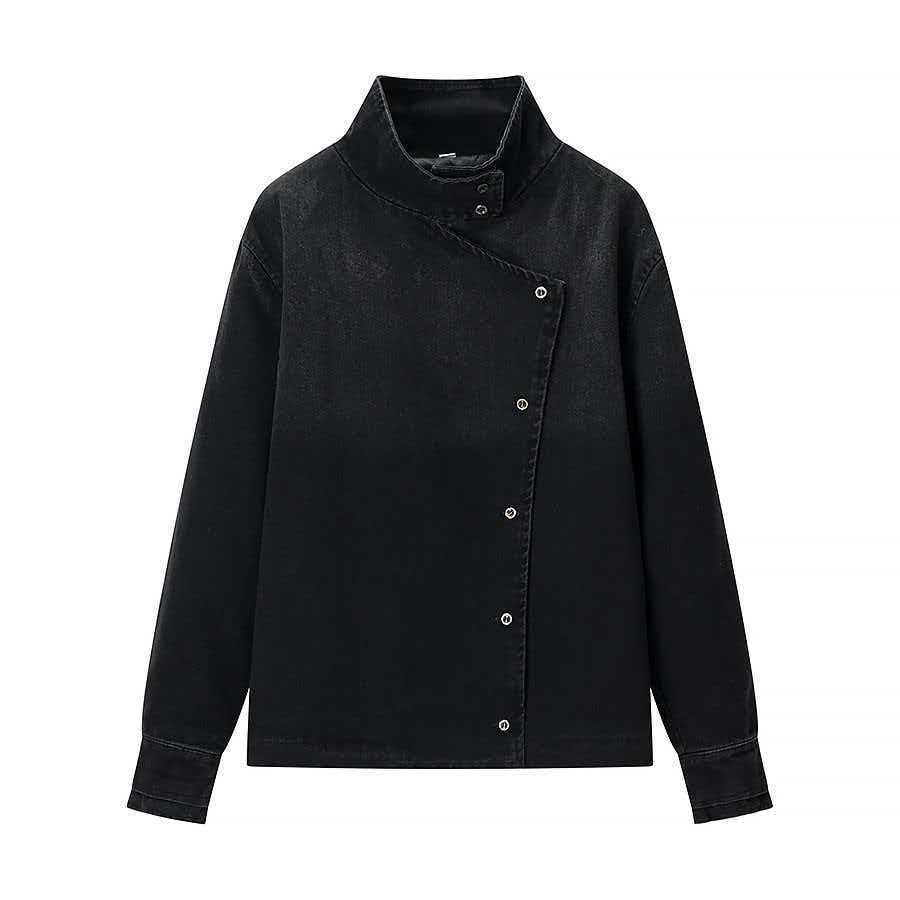 Damen moderne Denimjacke mit asymmetrischem Kragen und praktischen Druckknöpfen Drune