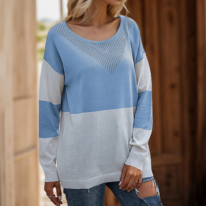 Damen Oversize Strickpullover mit Rundhals, Ajour-Dreieck und Blockstreifen Drune
