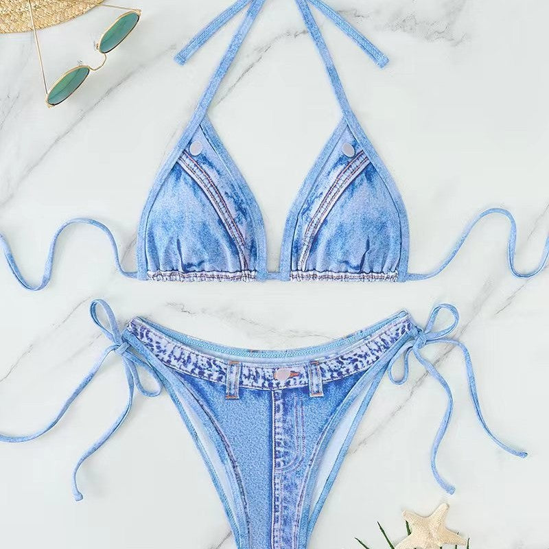 Damen Triangel-Bikini mit Jeans-Optik und geflochtenen Bindebändern Drune