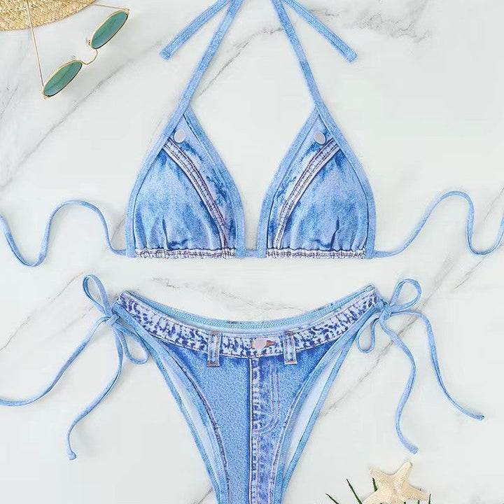 Damen Triangel-Bikini mit Jeans-Optik und geflochtenen Bindebändern Drune