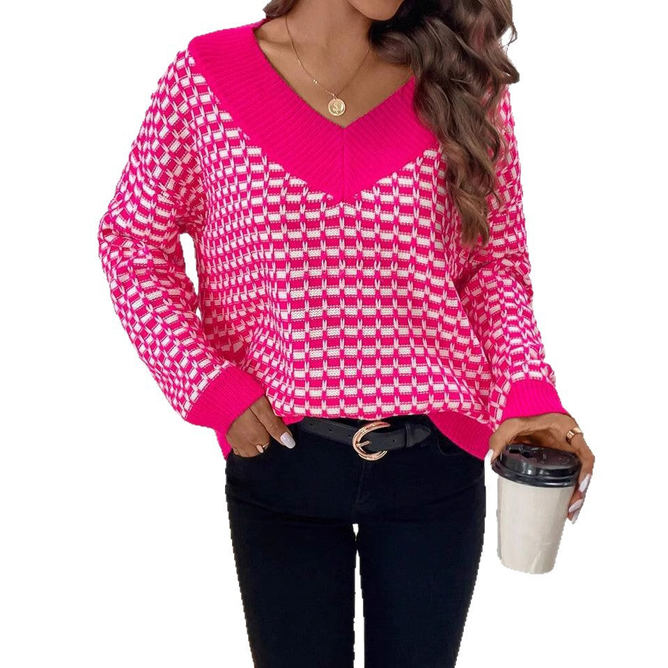 Damen Strickpullover mit V-Ausschnitt und modernem Karomuster Drune