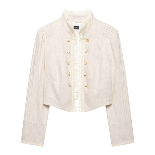 Damen Cropped Jacke mit Stehkragen, Biesenärmeln und Rüschenblende Drune