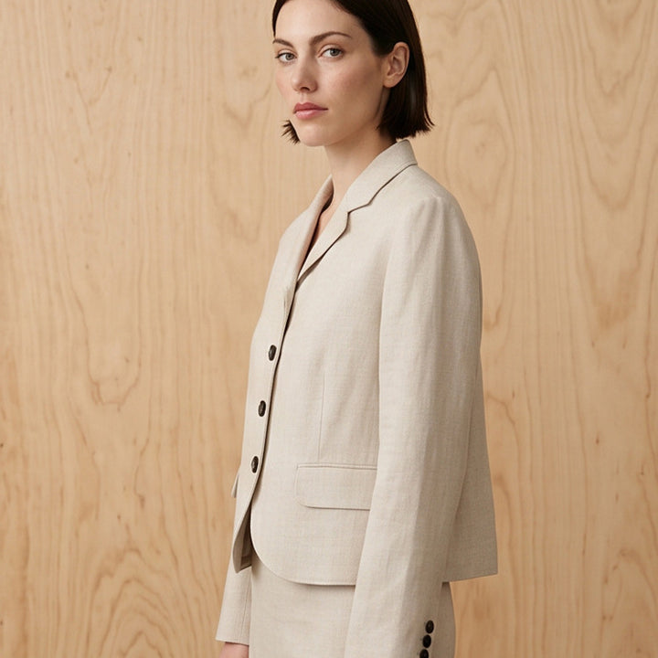 Damen Taillierter Leinenblazer mit Schößchen, Pattentaschen und durchgehender Knopfleiste Drune