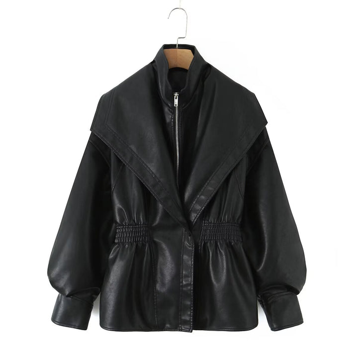 Damen Kunstlederjacke mit asymmetrischem Kragen und tailliertem Schnitt Drune