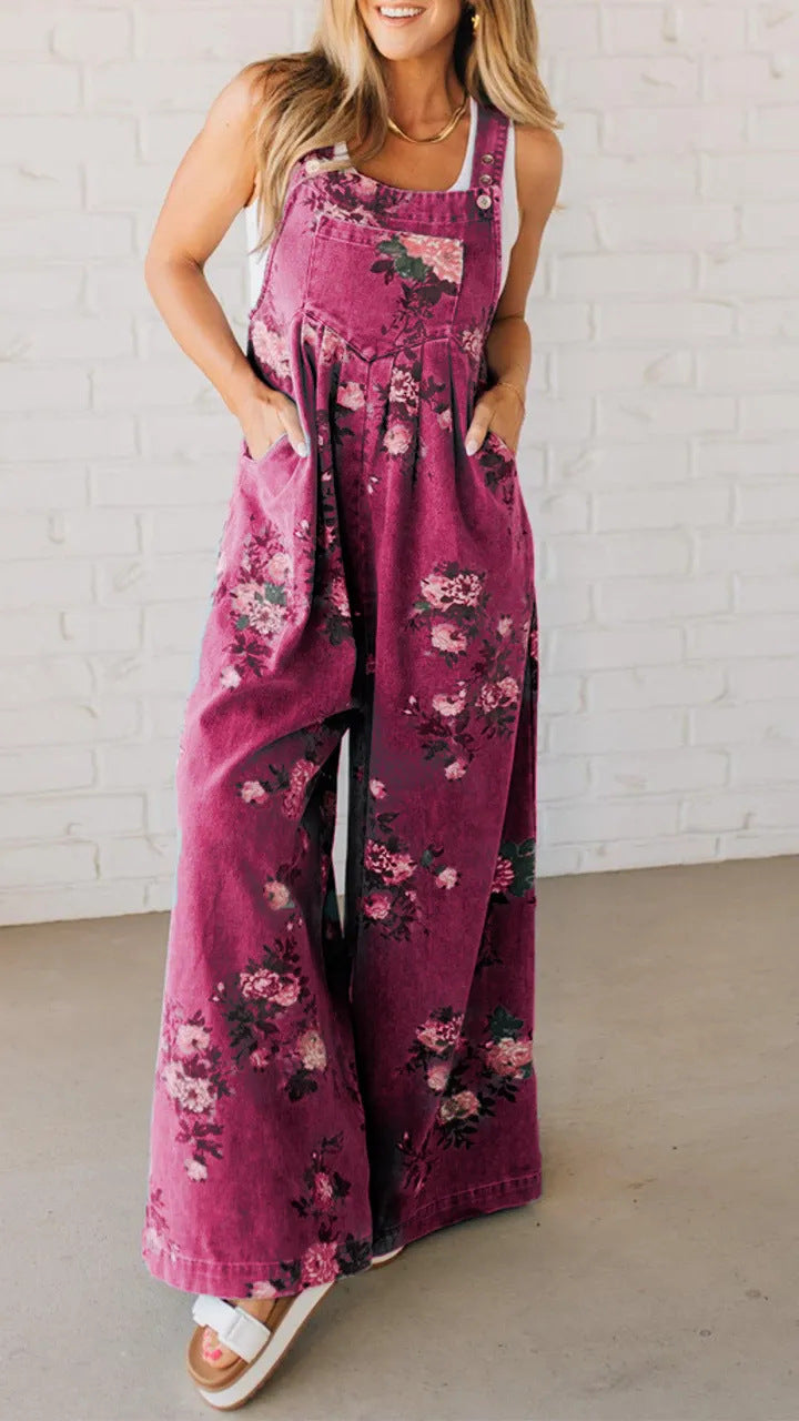 Damen Baumwoll-Overall mit floralem Druck und weiten Beinen Drune