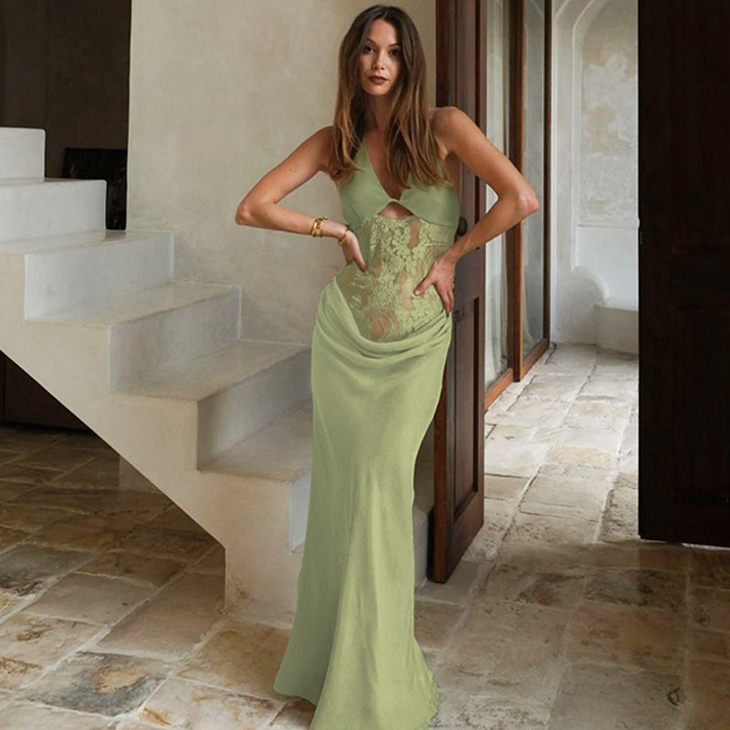 Damen Elegantes Maxikleid mit Halterneck, Spitzenverzierung und figurbetontem Schnitt Drune