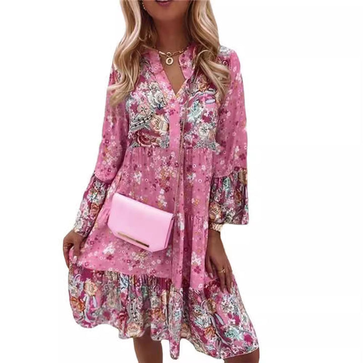 Damen nan florales Boho-Kleid mit V-Ausschnitt und Stufenrock Drune