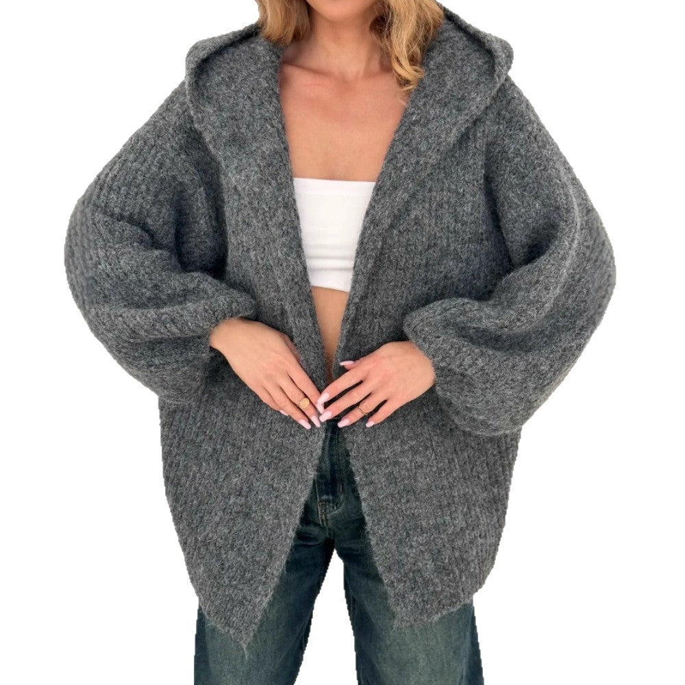 Damen Oversized Strickjacke mit Kapuze Drune