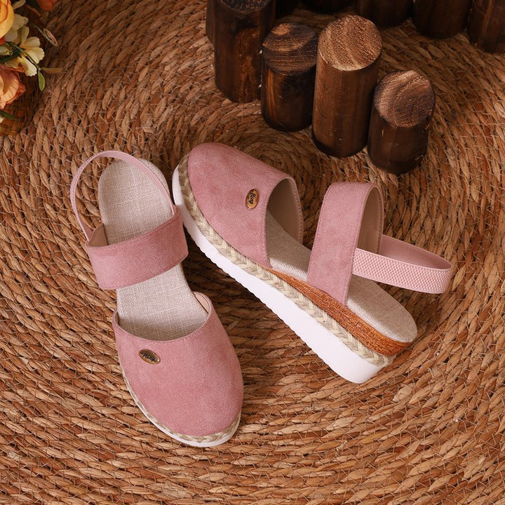Damen  Espadrille-Keilpantoletten mit elastischem Fersenriemen, Veloursoptik-Obermaterial und geflochtenem Jute-Plateau Drune