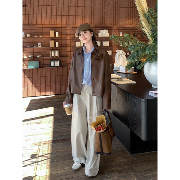 Damen Kurze Boxy-Lederjacke mit Hemdkragen Drune