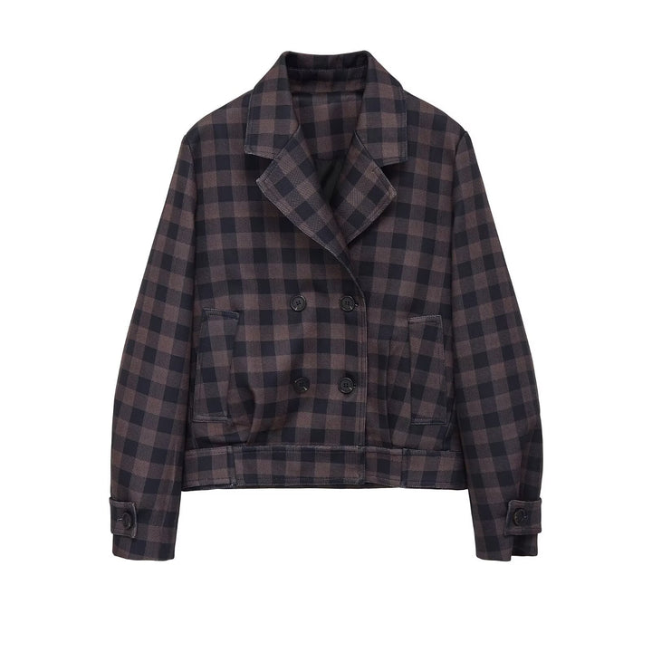 Damen Kurze Doppelreiher-Jacke im Karo-Design mit Reverskragen und Taillenbund Drune
