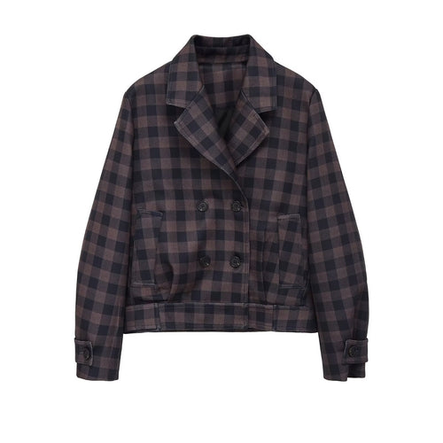 Damen Kurze Doppelreiher-Jacke im Karo-Design mit Reverskragen und Taillenbund Drune