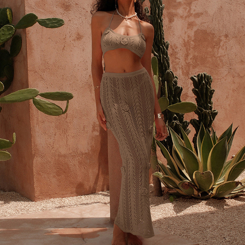 Damen Häkel-Bikini-Set mit langem Rock und verstellbaren Trägern Drune