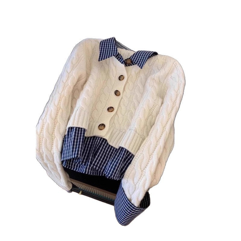 Damen Strickjacke mit Karostoffkragen und Knopfdetails Drune
