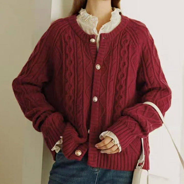 Damen Kuscheliger Zopf- und Rautenstrick-Cardigan mit Perlmuttknopfblende Drune