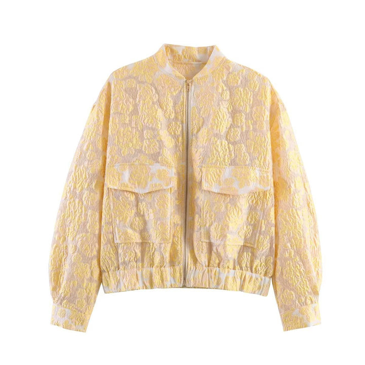 Damen Kurze florale Jacquard-Bomberjacke mit Reißverschluss und Pattentaschen Drune