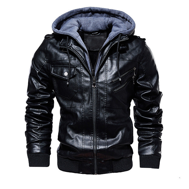 Herren Stylische Kunstlederjacke mit Hoodie Drune