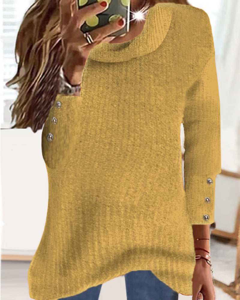 Damen Locker Feinstrickpullover mit Rundhalsausschnitt und dekorativer Knopfblende an den Ärmeln Drune