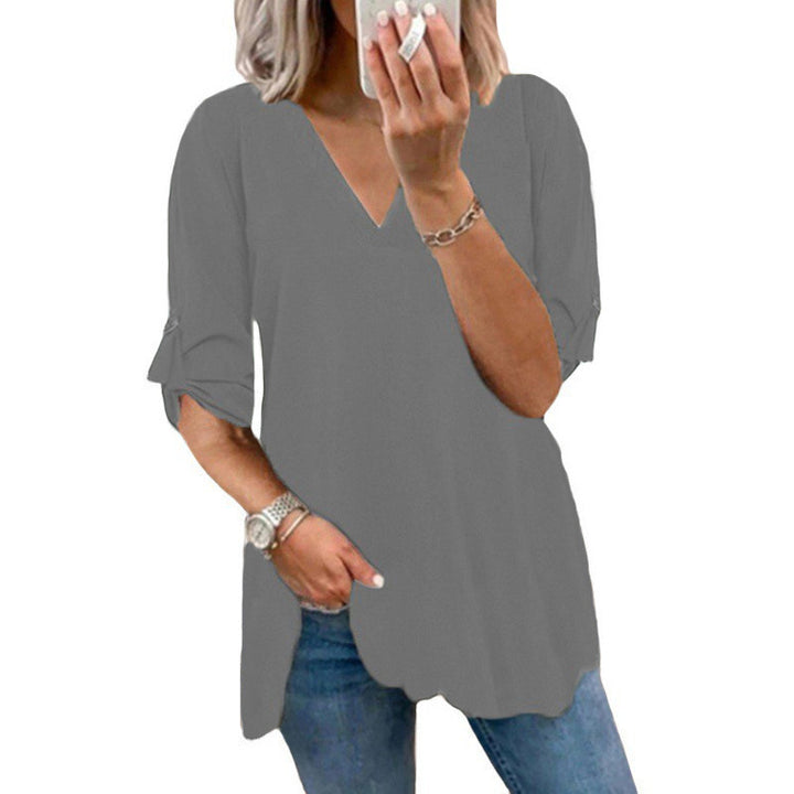Damen lässiges V-Ausschnitt T-Shirt mit Rüschendetail Drune