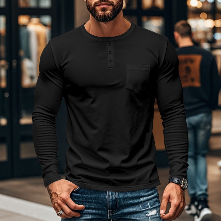 Herren nan schlankes Langarm-Buttonshirt mit kurzer Knopfleiste und Brusttasche Drune