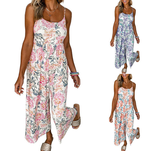 Damen Luftiger Jumpsuit mit floralen Details und schmalen Trägern Drune